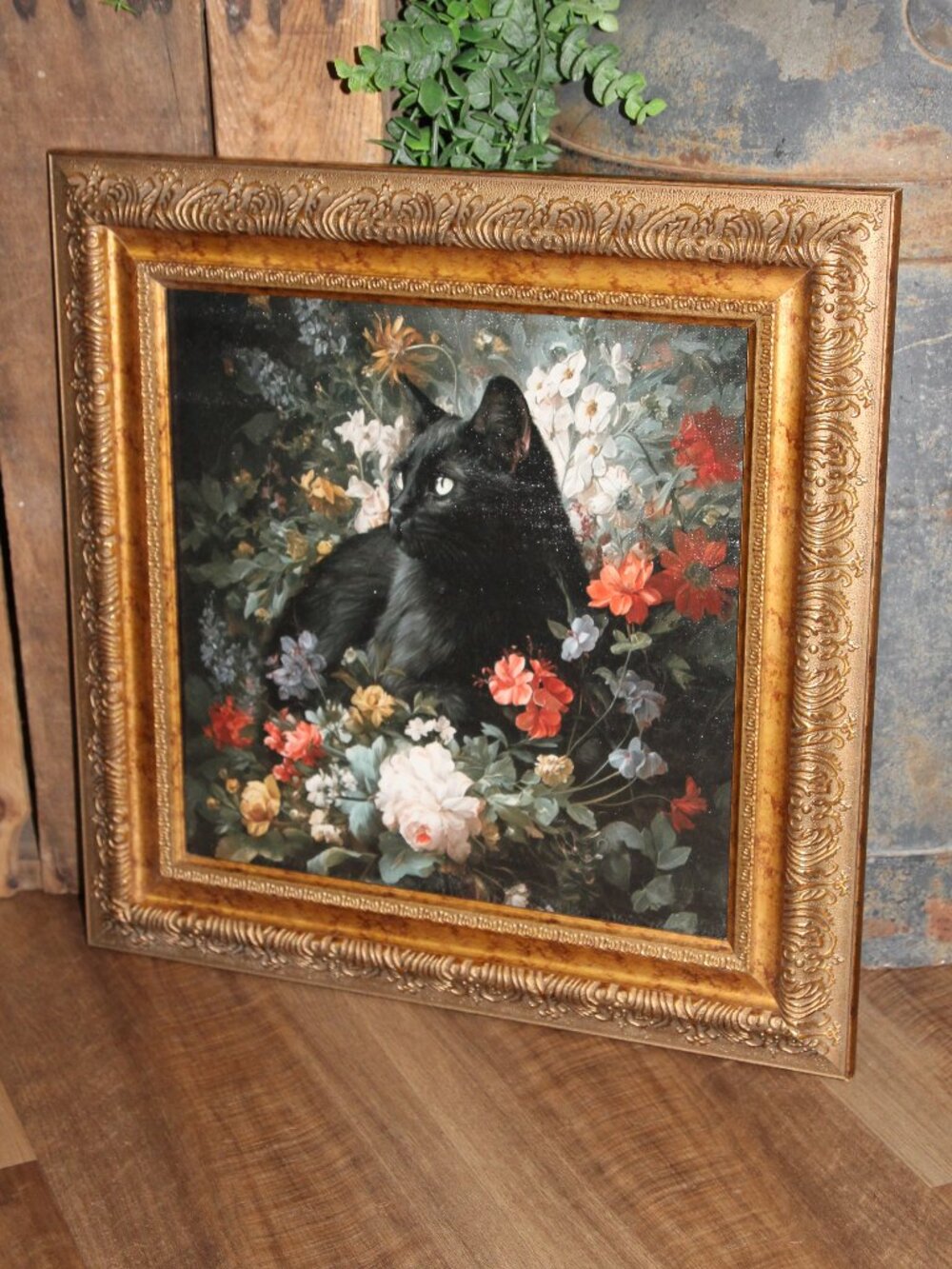 Dark Moody Gothic Black Cat & Floral Wall Decor Picture in VTG Gold Frame